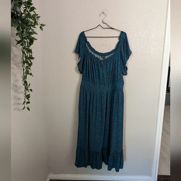 Torrid Green Floral Challis Off The Shoulder Midi Dress Size 4X Spring Pockets - Picture 4 of 12